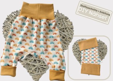 DIY Nähpaket Stoff Zuschnitte plus Anleitung Pumphose Jersey Sonnenkind, Bündchen cognac Nähset